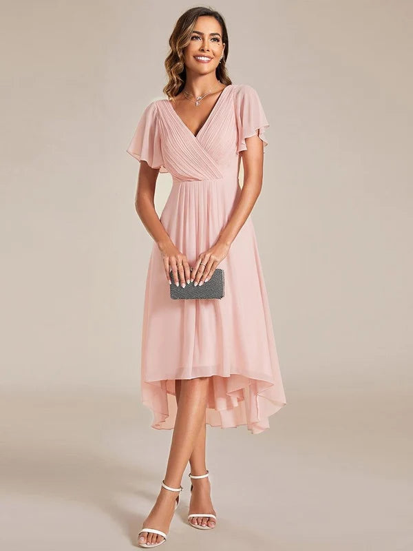 Women's Chiffon Wedding Guest Dress | A-Line Midi Occasion Dress | V-Neck Flowing Silhouette | Cocktail Party Formal Wear