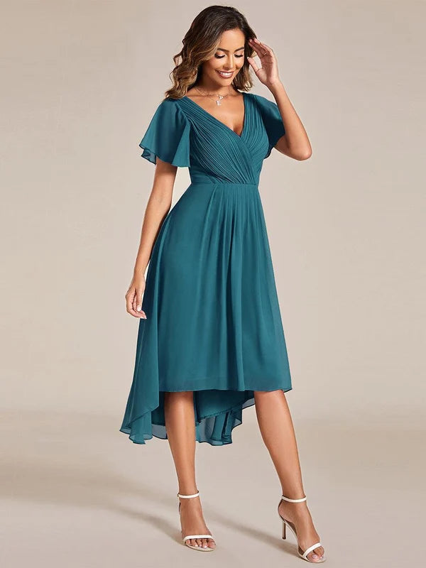 Women's Chiffon Wedding Guest Dress | A-Line Midi Occasion Dress | V-Neck Flowing Silhouette | Cocktail Party Formal Wear
