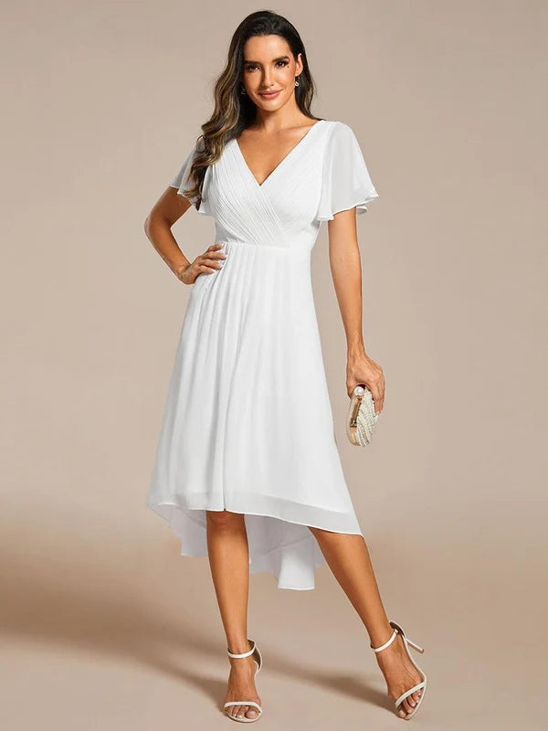 Women's Chiffon Wedding Guest Dress | A-Line Midi Occasion Dress | V-Neck Flowing Silhouette | Cocktail Party Formal Wear