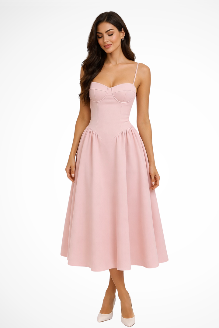 Women’s Corset Bodice A-Line Elegant Midi Wedding Guest Dress