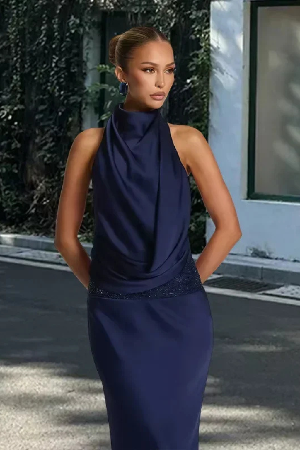Women's Halter Neck Draped Satin Wedding Guest Maxi Dress