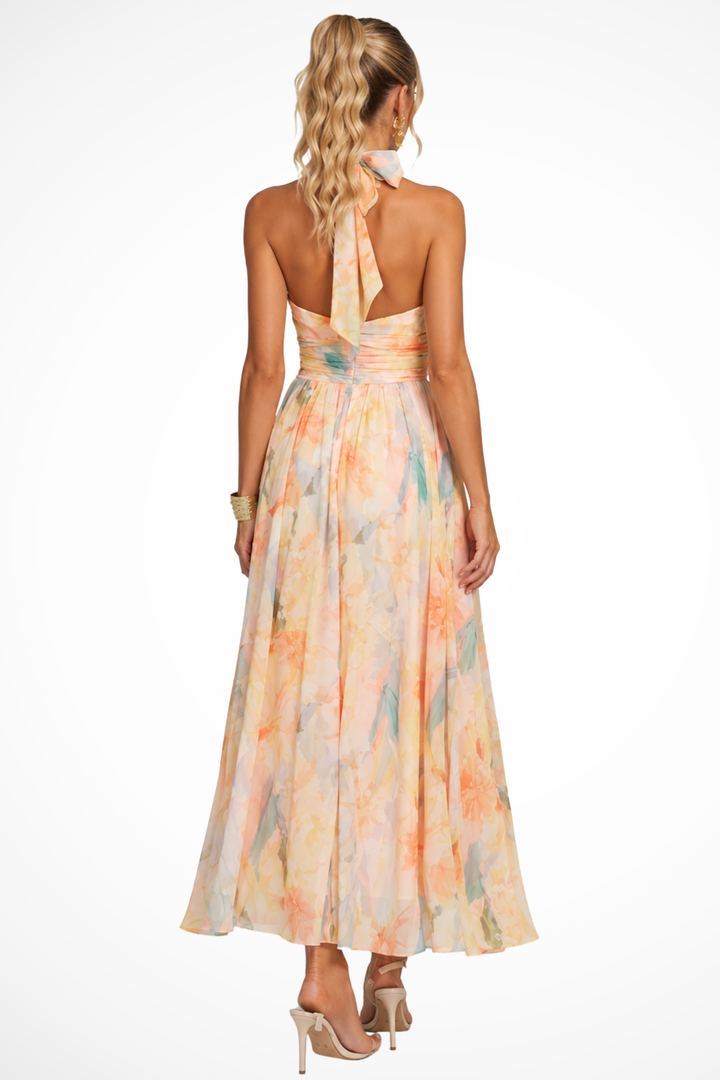 Women's Halter Neck Floral Print Wedding Guest Chiffon Maxi Dress