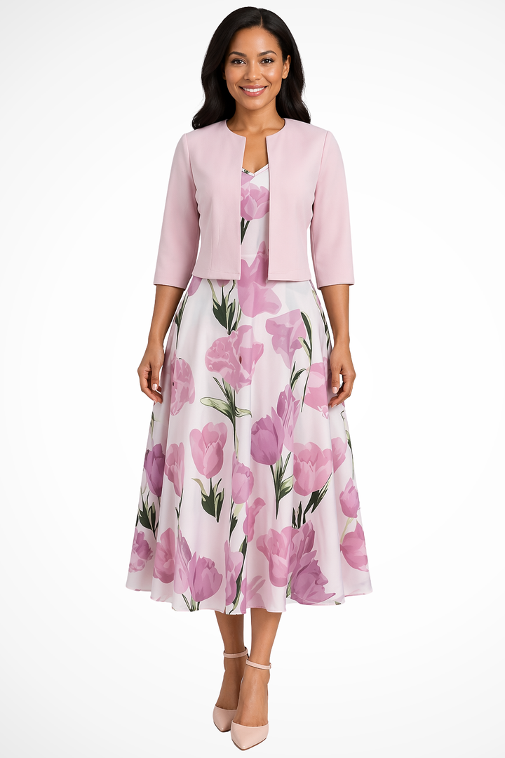 Women's Floral Maxi Dress with Cropped Jacket Wedding Guest Two-Piece Set