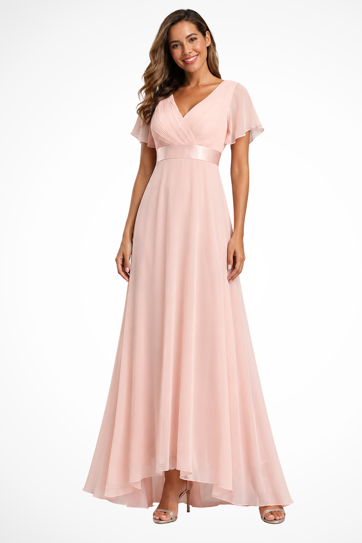 Women's Chiffon Flutter Sleeve V-Neck Wedding Guest Maxi Dress