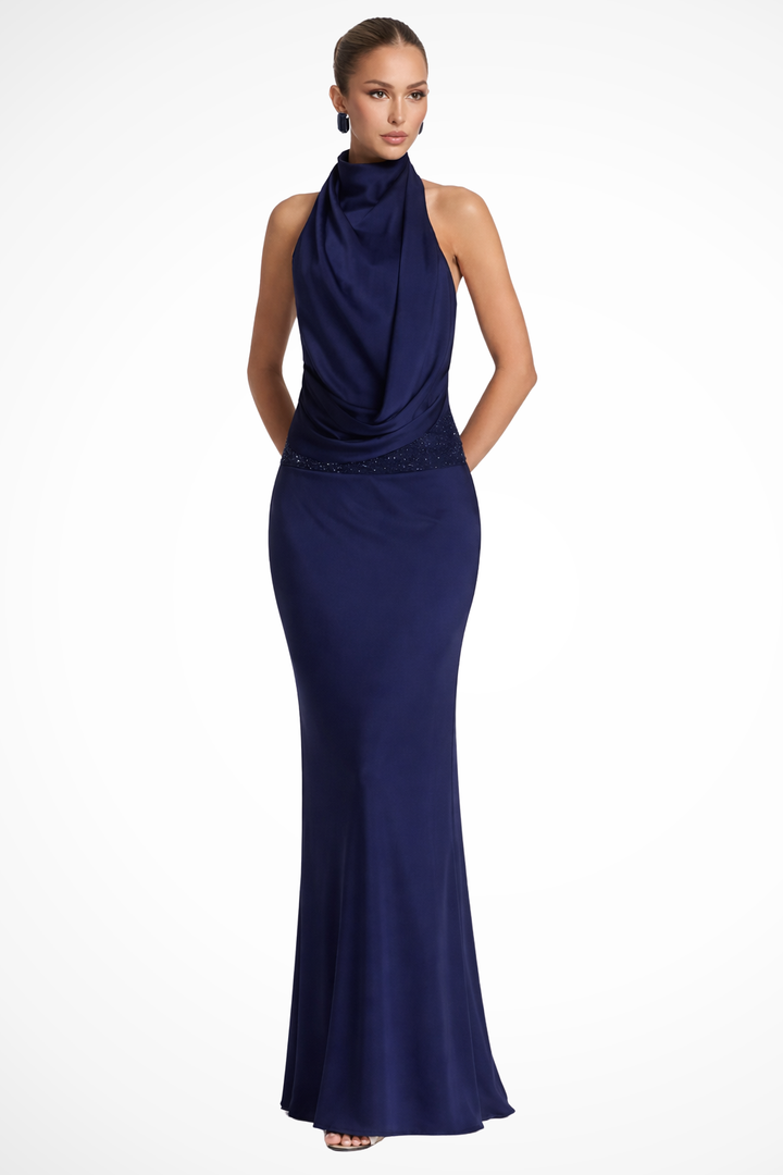 Women's Halter Neck Draped Satin Wedding Guest Maxi Dress