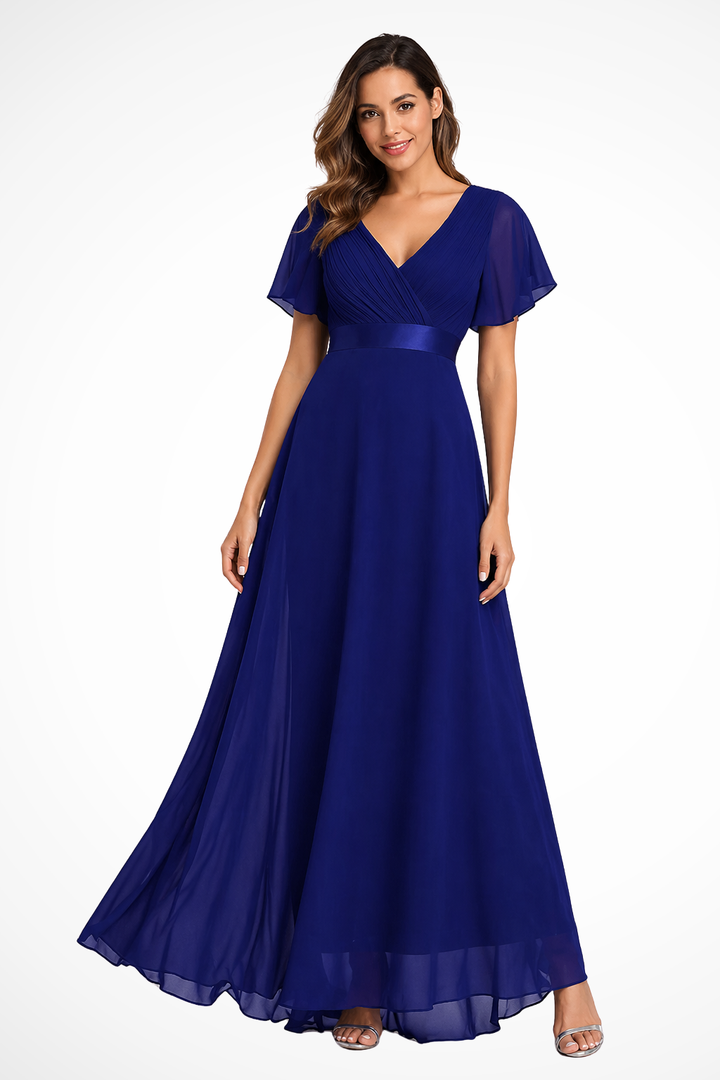 Women's Chiffon Flutter Sleeve V-Neck Wedding Guest Maxi Dress