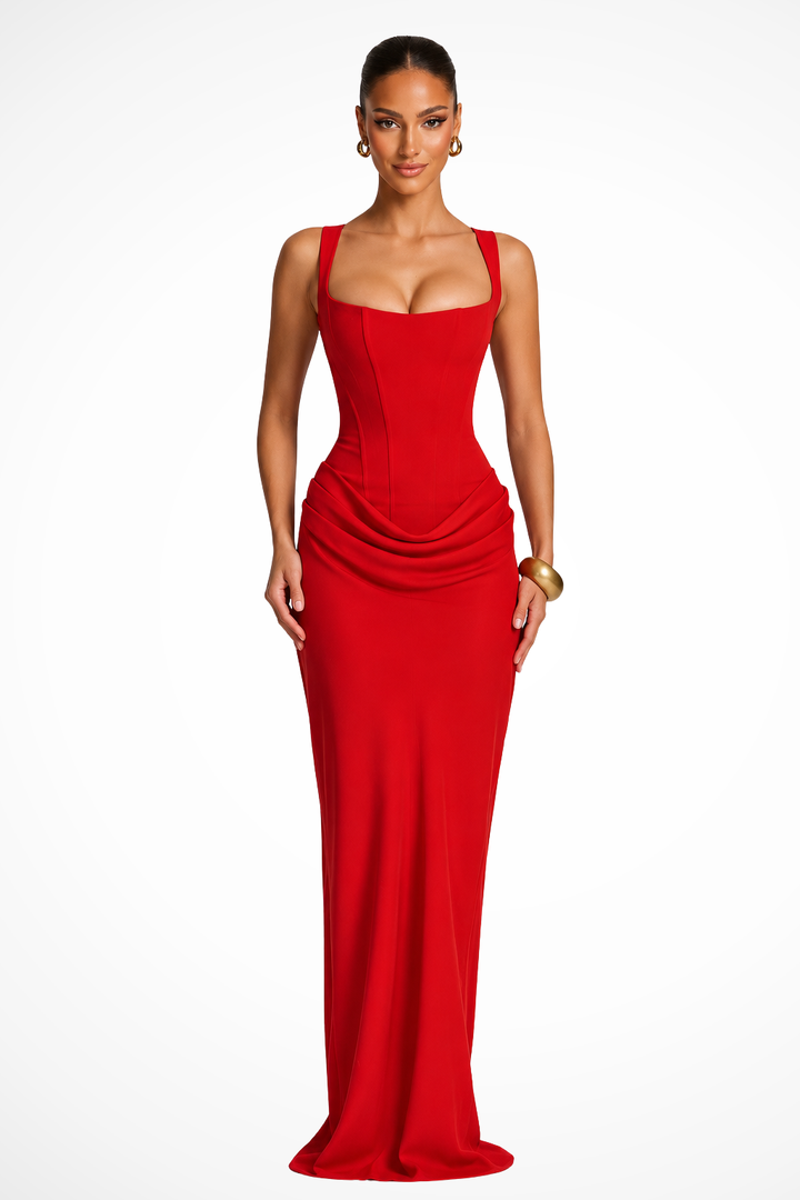 Women's Square Neck Corset Draped Wedding Guest Maxi Dress