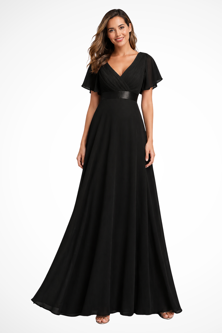 Women's Chiffon Flutter Sleeve V-Neck Wedding Guest Maxi Dress