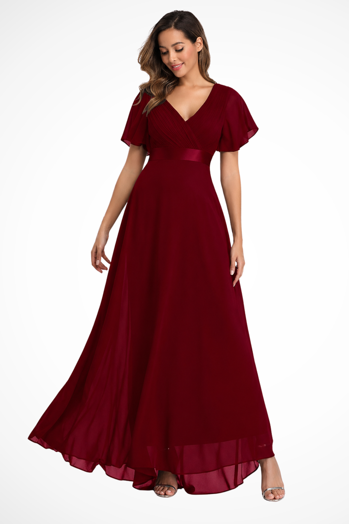 Women's Chiffon Flutter Sleeve V-Neck Wedding Guest Maxi Dress