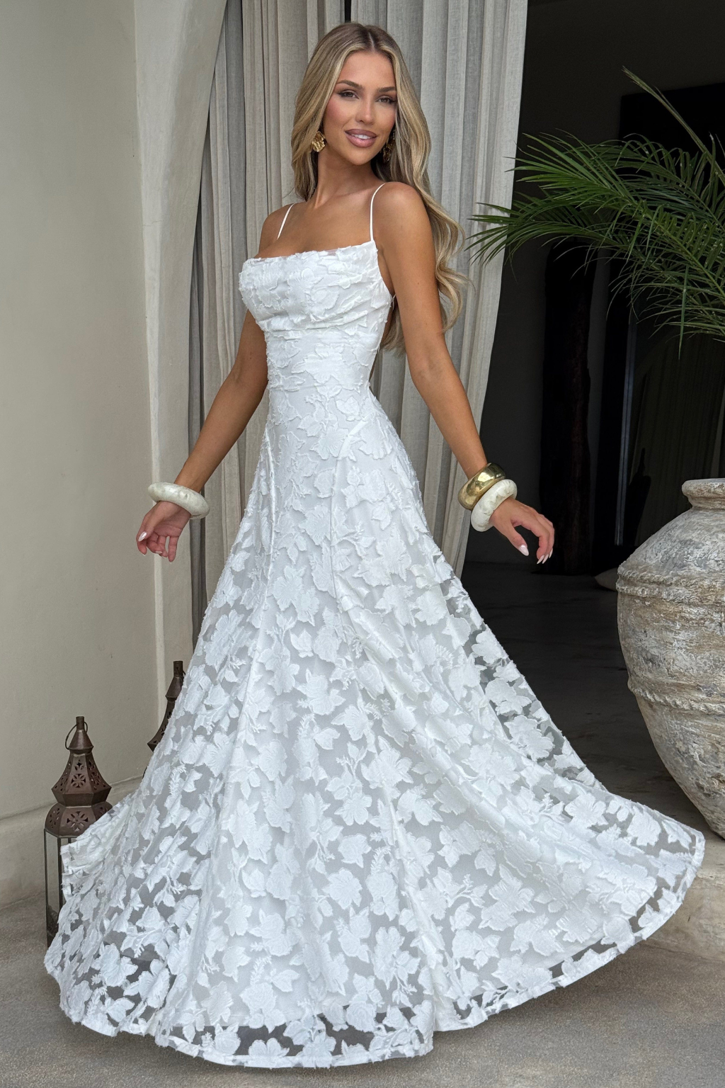 Women Cowl Neck Floral Lace Wedding Guest Maxi Dress