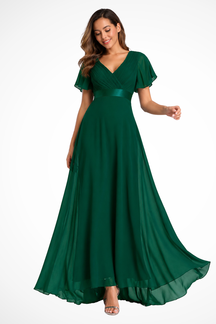 Women's Chiffon Flutter Sleeve V-Neck Wedding Guest Maxi Dress