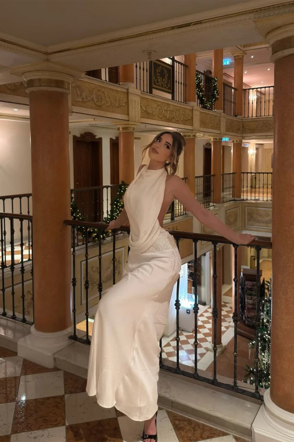 Women's Halter Neck Draped Satin Wedding Guest Maxi Dress