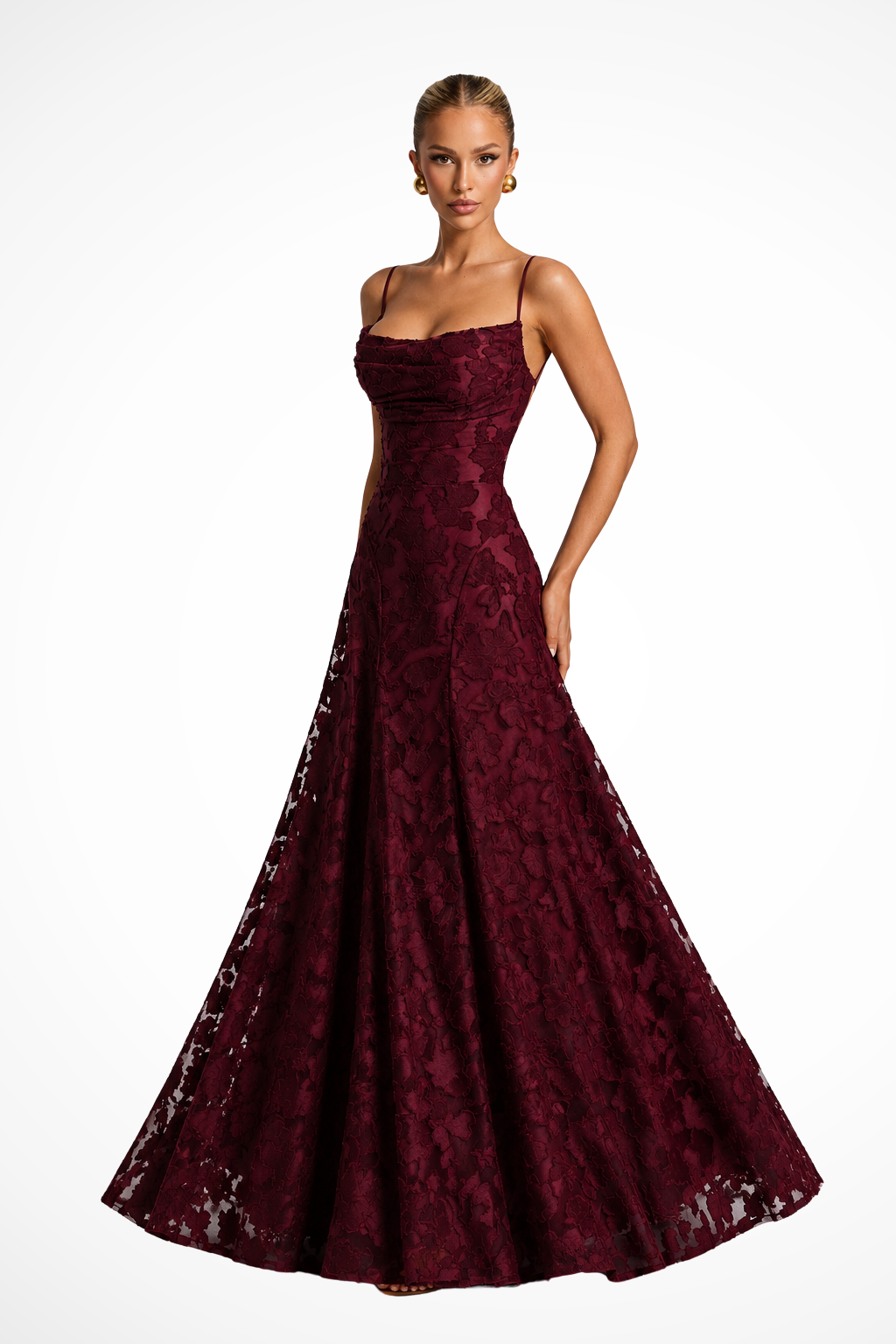 Women Cowl Neck Floral Lace Wedding Guest Maxi Dress