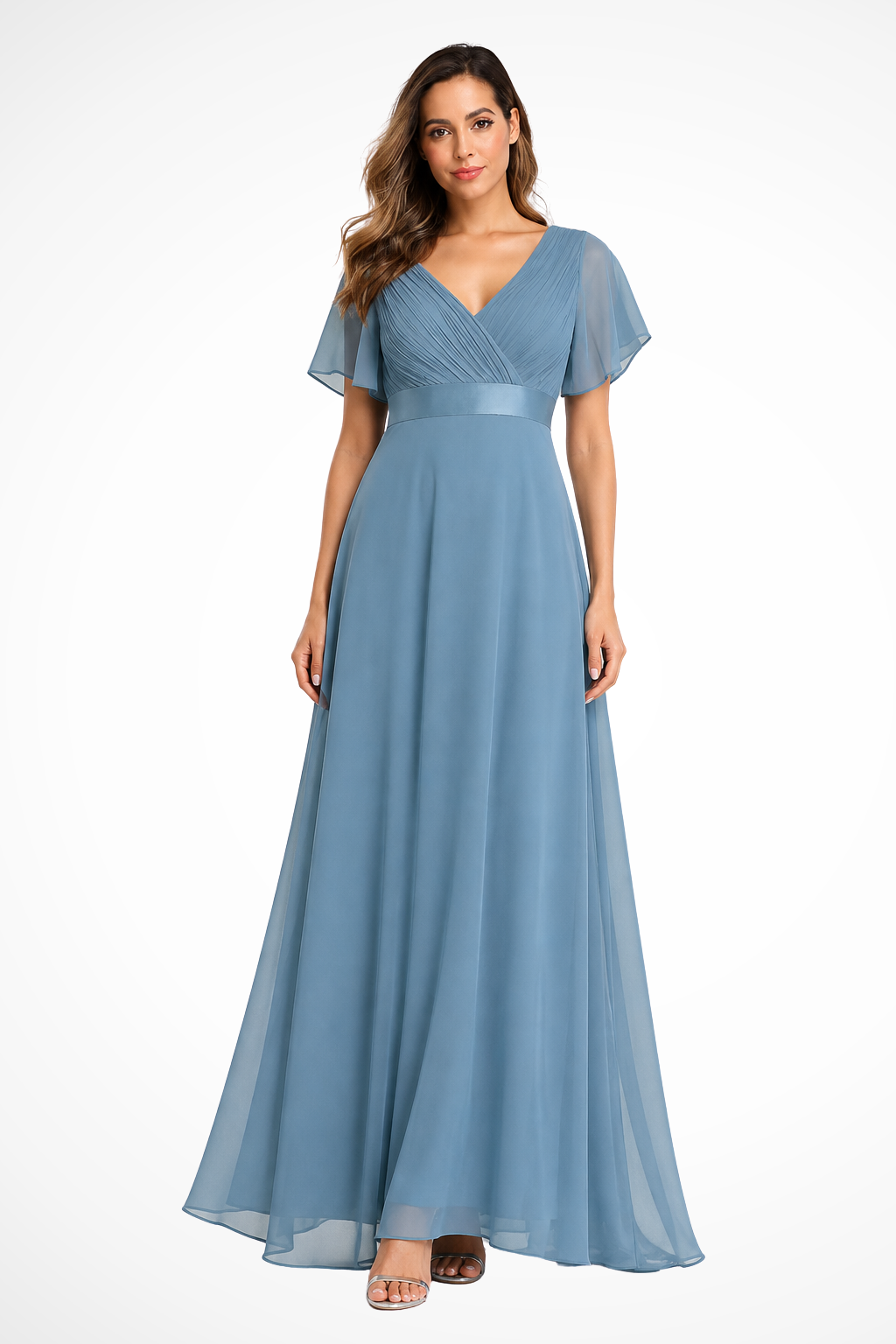 Women's Chiffon Flutter Sleeve V-Neck Wedding Guest Maxi Dress
