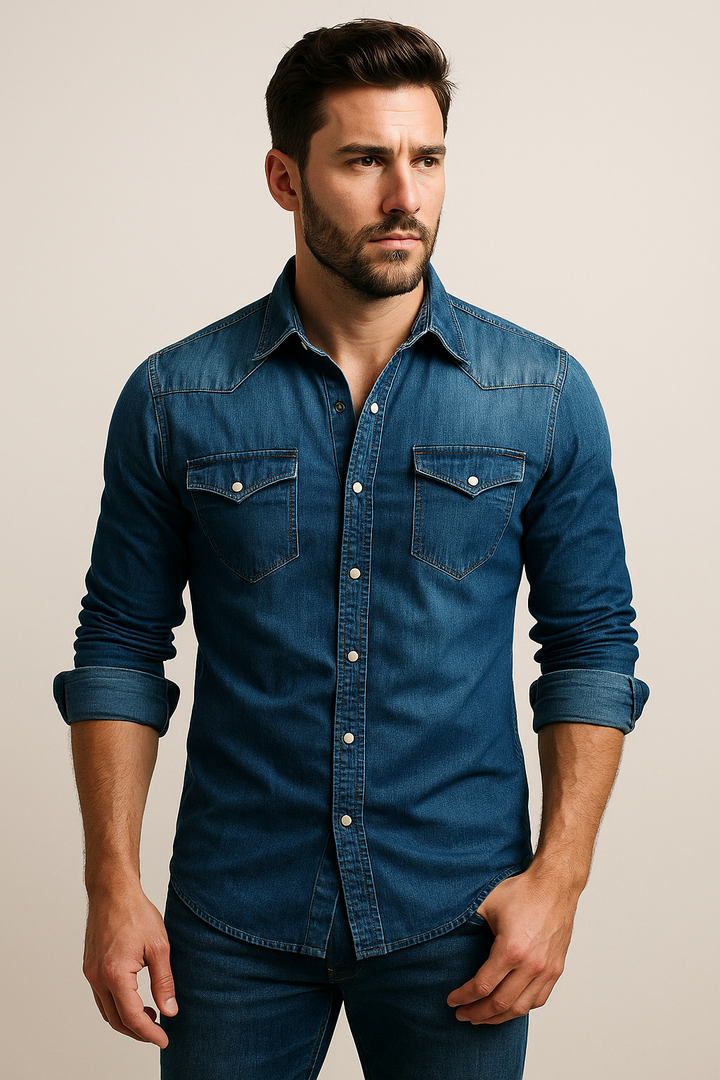 Men's Denim Shirt | Durable Casual Long Sleeve Button Down | Versatile Denim Top for Layering or Everyday Wear