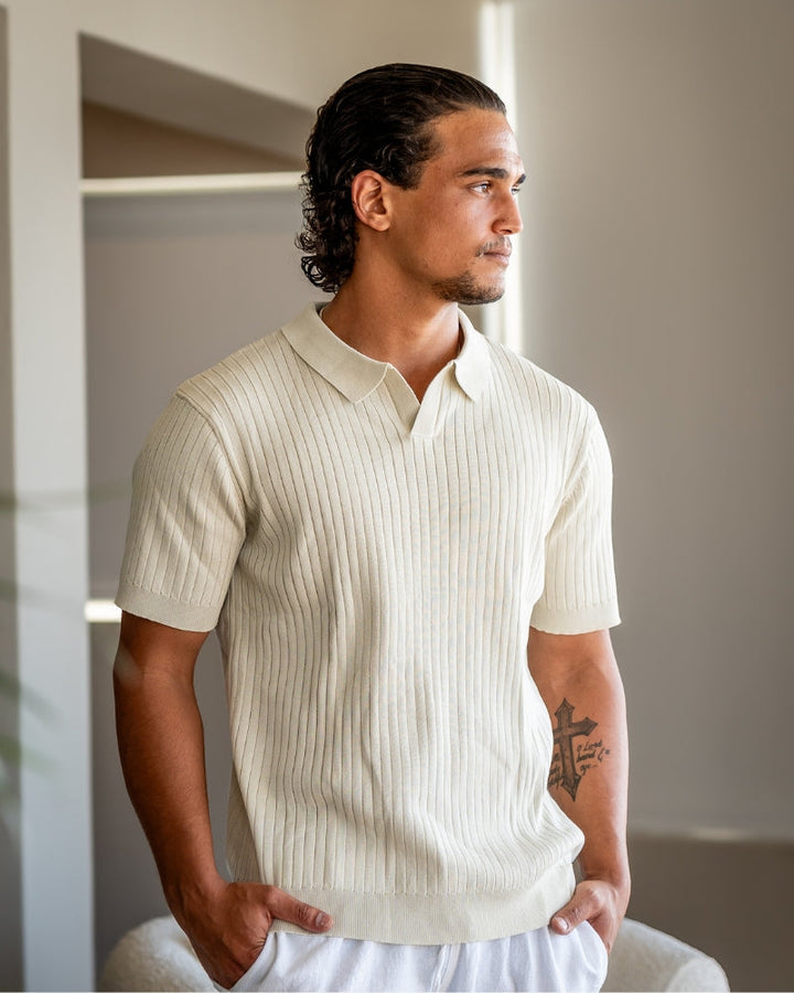 Men's Elegant Ribbed Polo Shirt Short Sleeve Classic Fit
