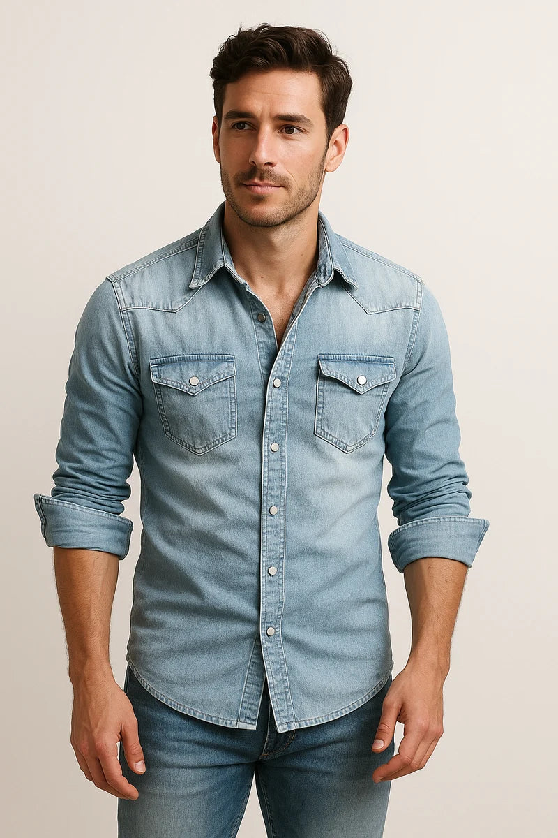 Men's Denim Shirt | Durable Casual Long Sleeve Button Down | Versatile Denim Top for Layering or Everyday Wear