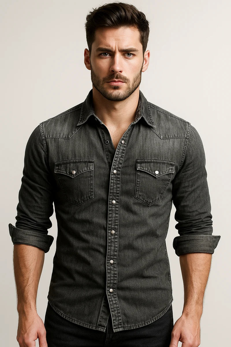 Men's Denim Shirt | Durable Casual Long Sleeve Button Down | Versatile Denim Top for Layering or Everyday Wear