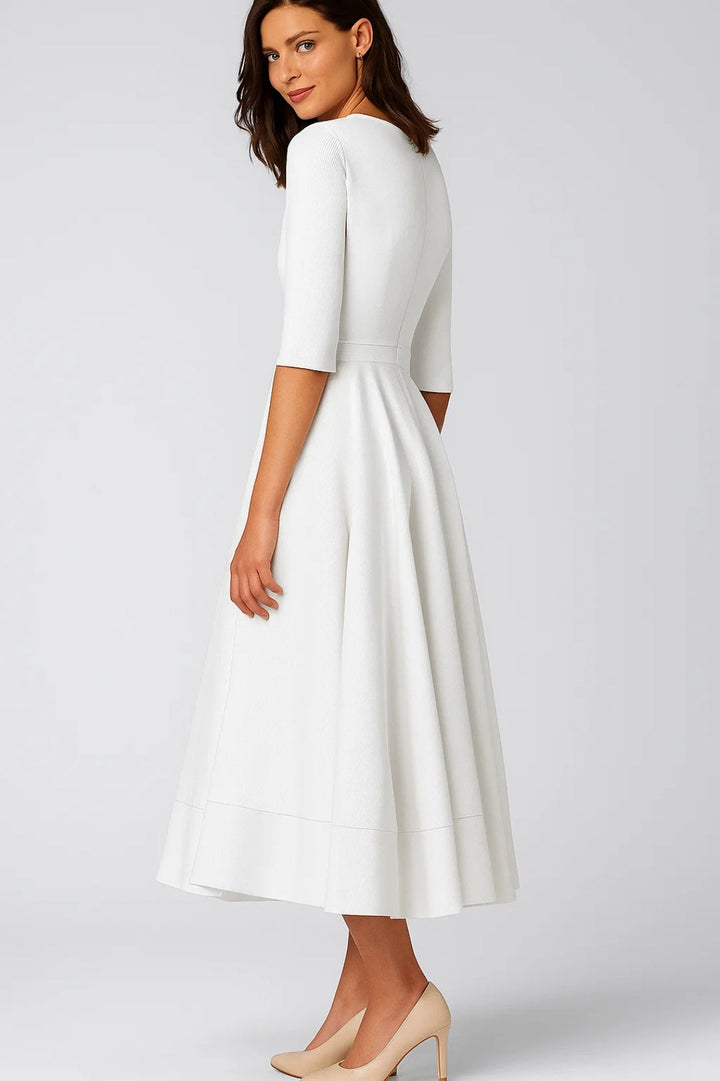 Women's Midi Dress - V-neck with Three-Quarter Sleeves