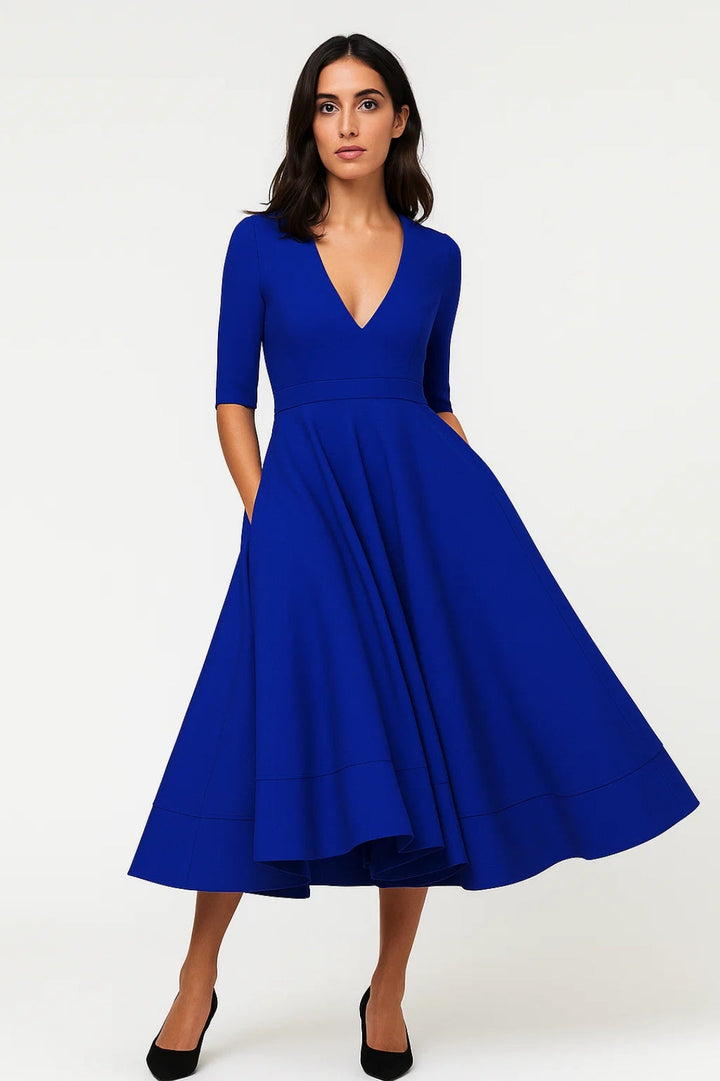 Women's Midi Dress - V-neck with Three-Quarter Sleeves