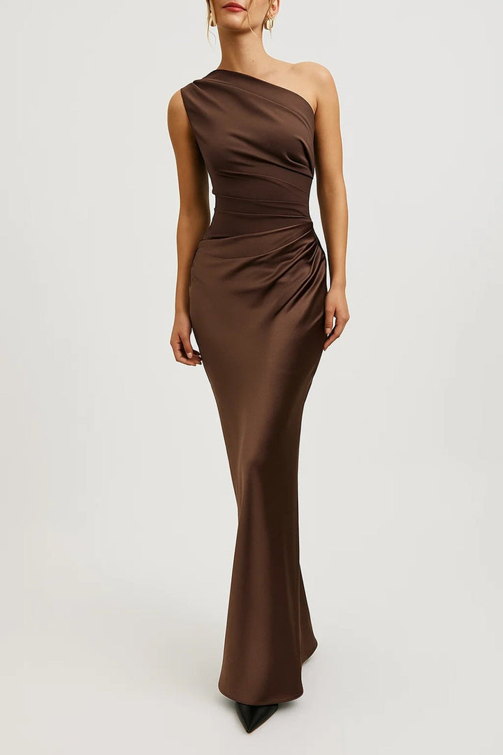 Women's One-Shoulder Maxi Dress - Slim Fit with Pleated Waist