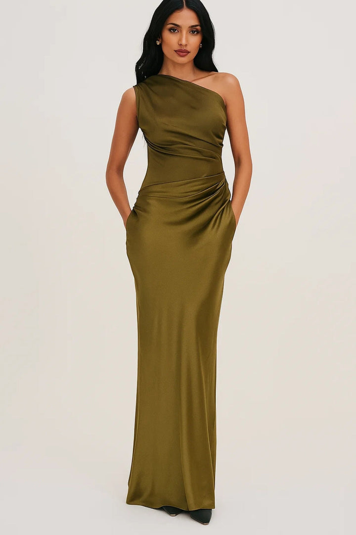 Women's One-Shoulder Maxi Dress - Slim Fit with Pleated Waist