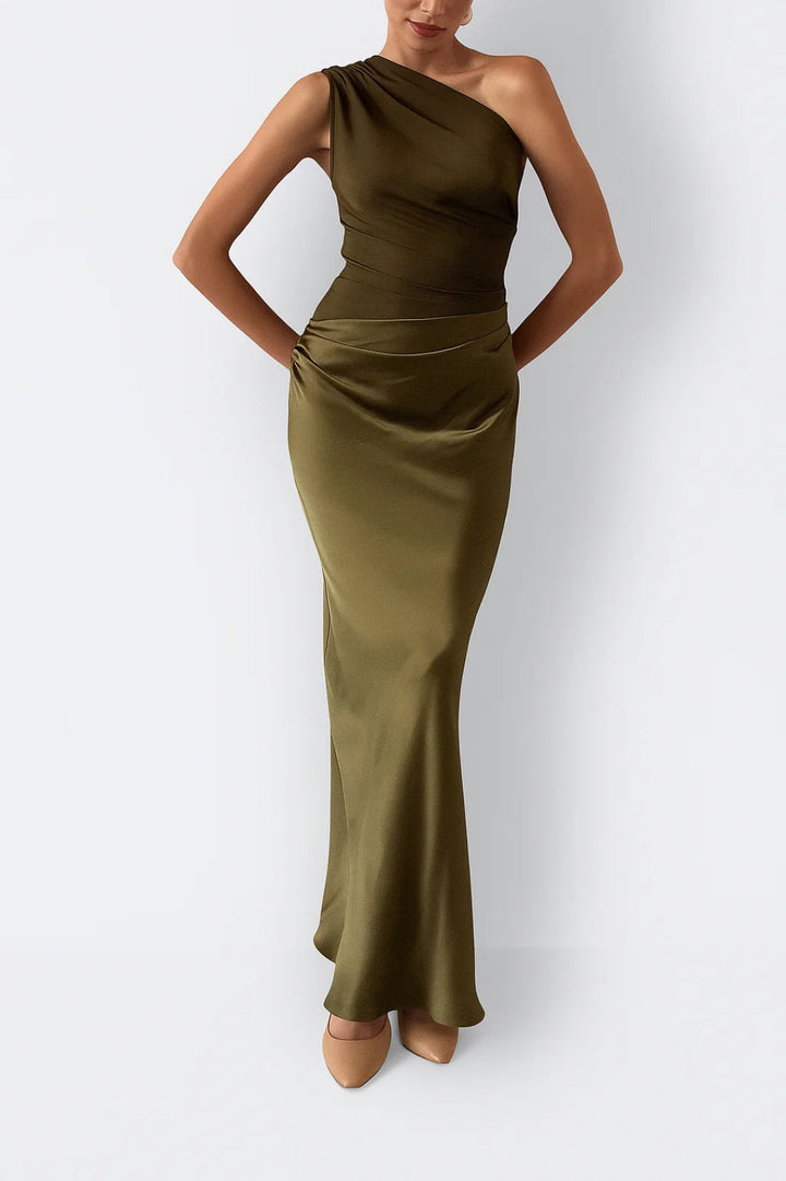 Women's One-Shoulder Maxi Dress - Slim Fit with Pleated Waist