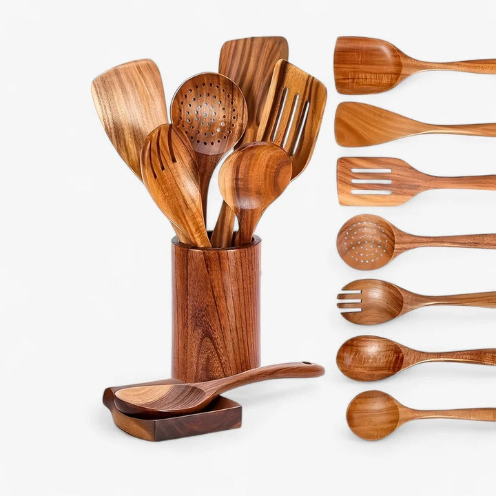 9-Piece Teak Kitchen Utensil Set with Holder