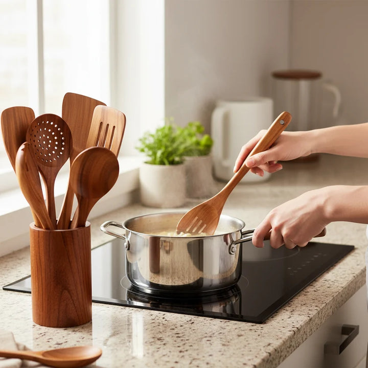 9-Piece Teak Kitchen Utensil Set with Holder