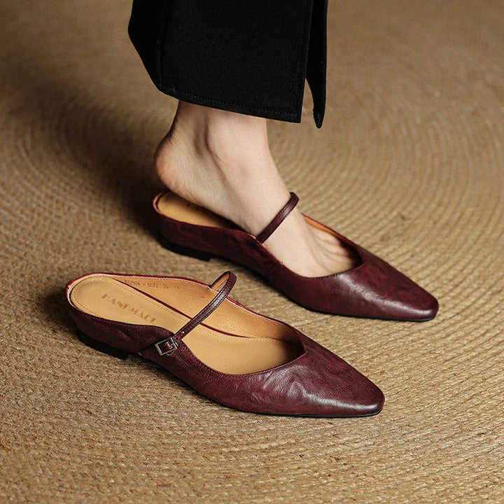 Pointed-Toe Leather Mules with Adjustable Mary Jane Strap