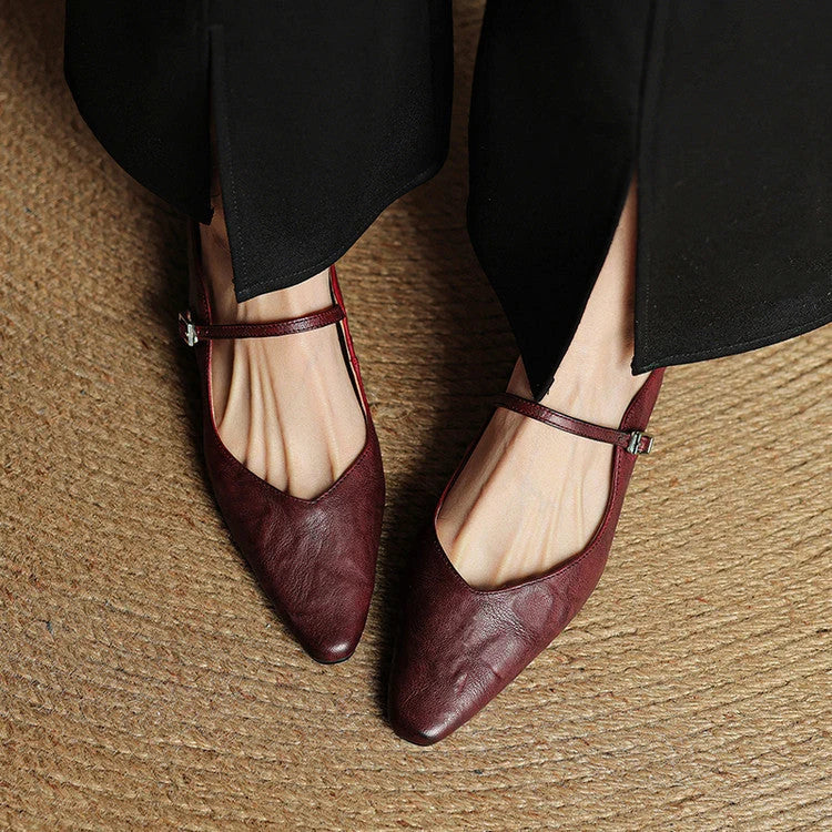 Pointed-Toe Leather Mules with Adjustable Mary Jane Strap