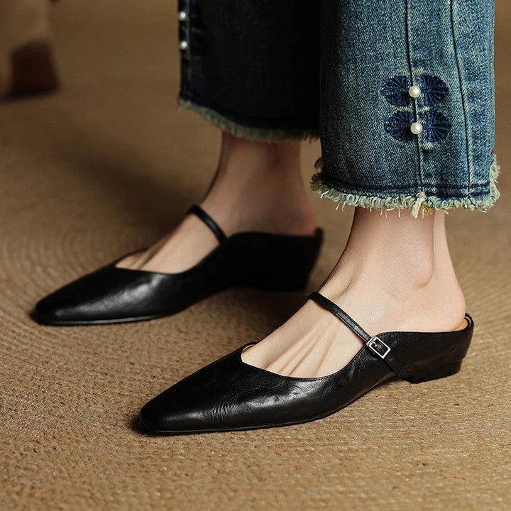 Pointed-Toe Leather Mules with Adjustable Mary Jane Strap