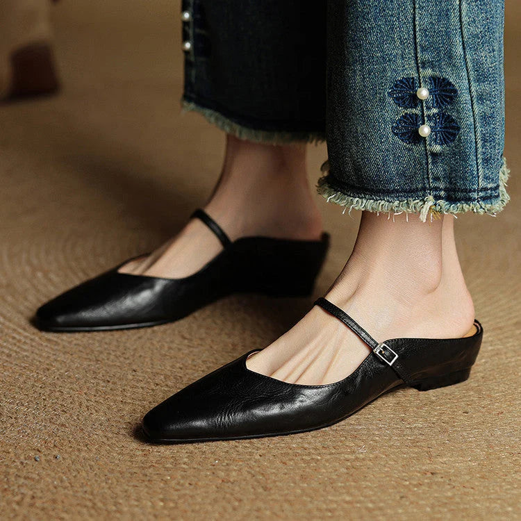 Women's Pointed Toe Leather Mary Jane Mules | Comfortable Slip-On Loafers with Cushioned Insole and Non-Slip Rubber Sole