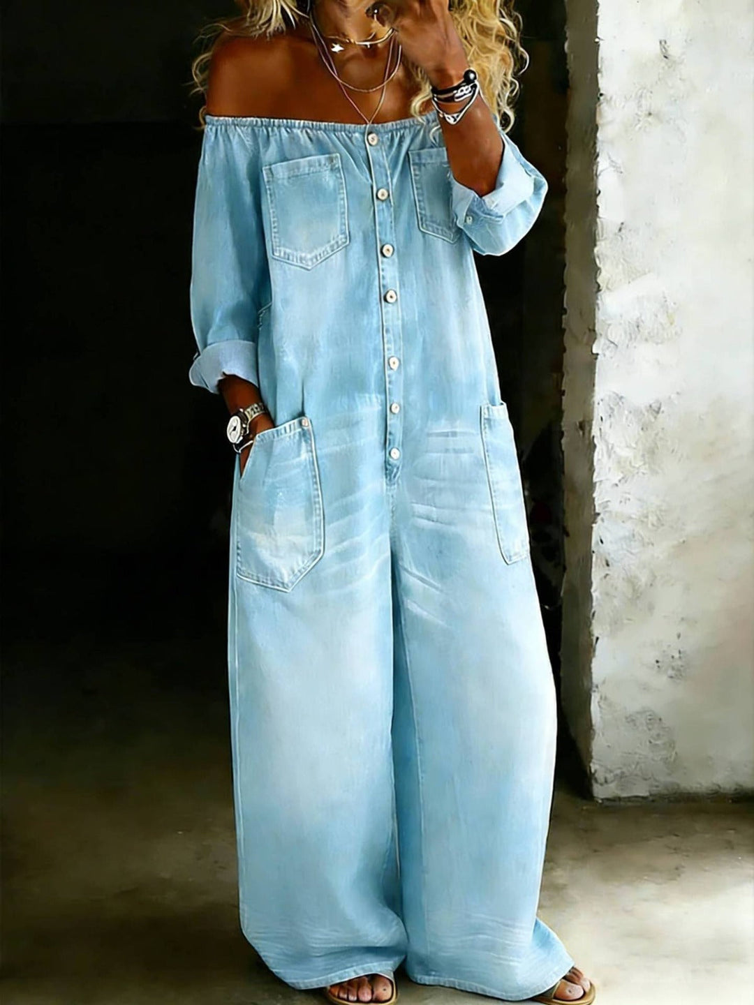 Off Shoulder Denim Jumpsuit