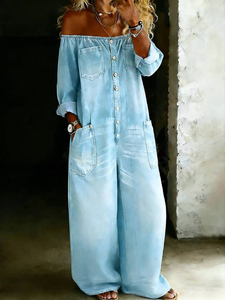Off Shoulder Denim Jumpsuit