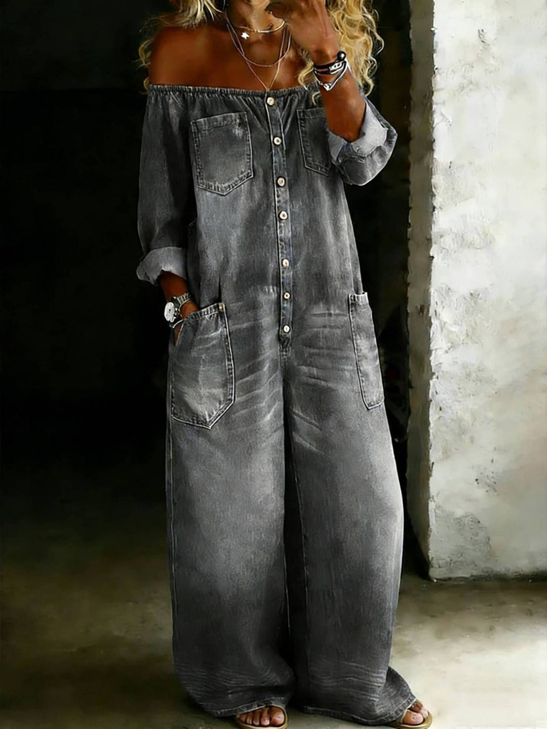 Off Shoulder Denim Jumpsuit