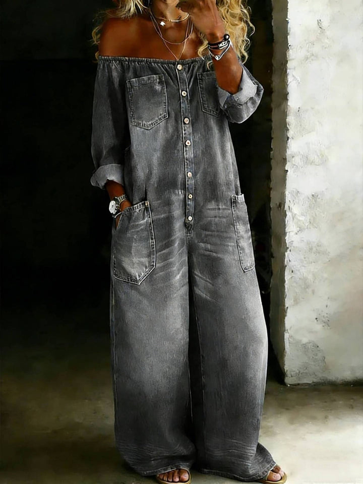 Off Shoulder Denim Jumpsuit