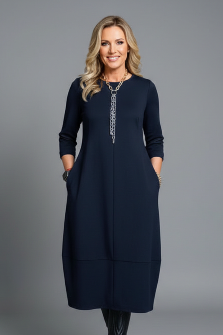 Women's Midi Dress with Round Neck and Pockets