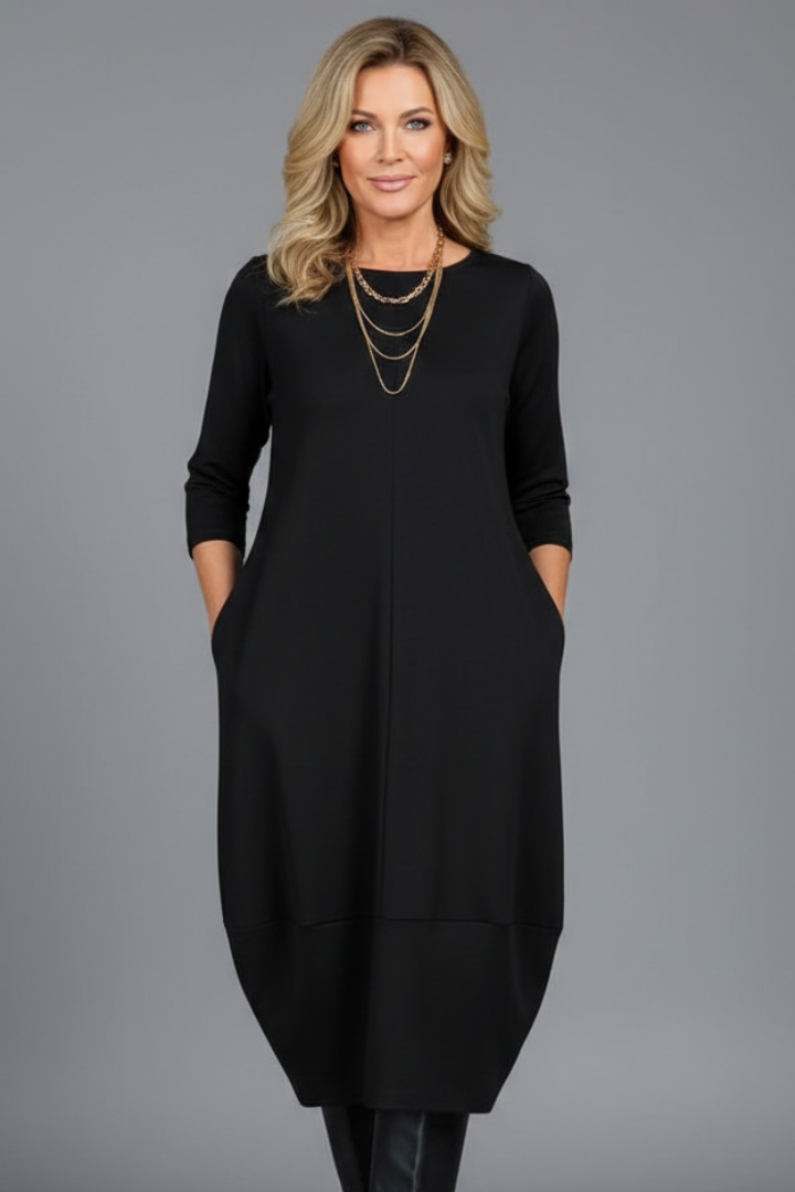 Women's Midi Dress with Round Neck and Pockets