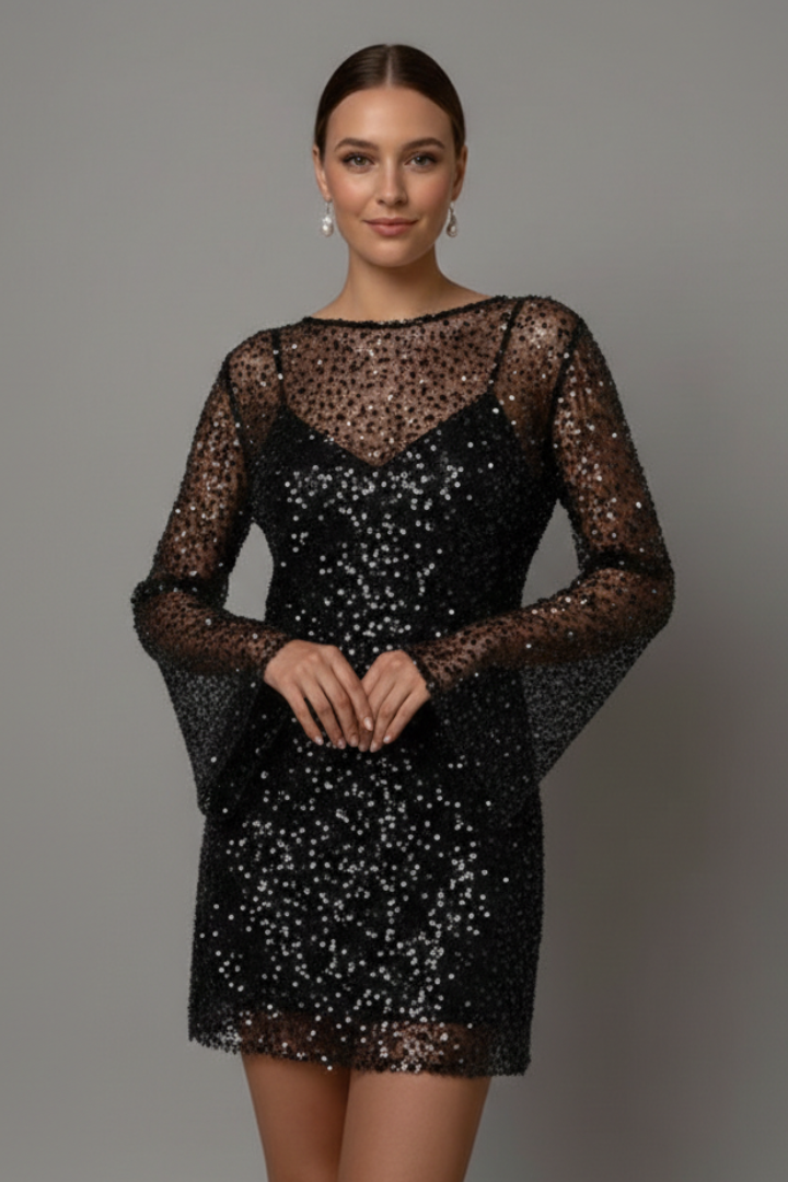 Women's Mini Dress with Mesh Overlay and Sleeveless Underlayer