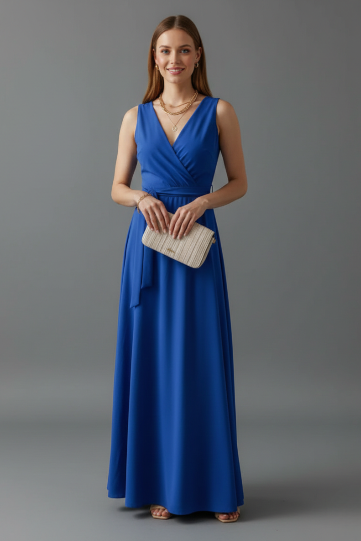 Sleeveless V-Neck Maxi Dress with Waist Tie