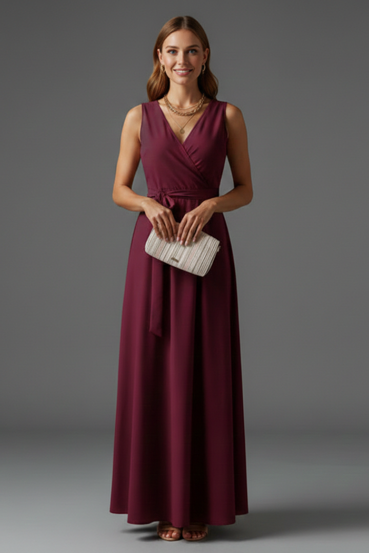 Sleeveless V-Neck Maxi Dress with Waist Tie