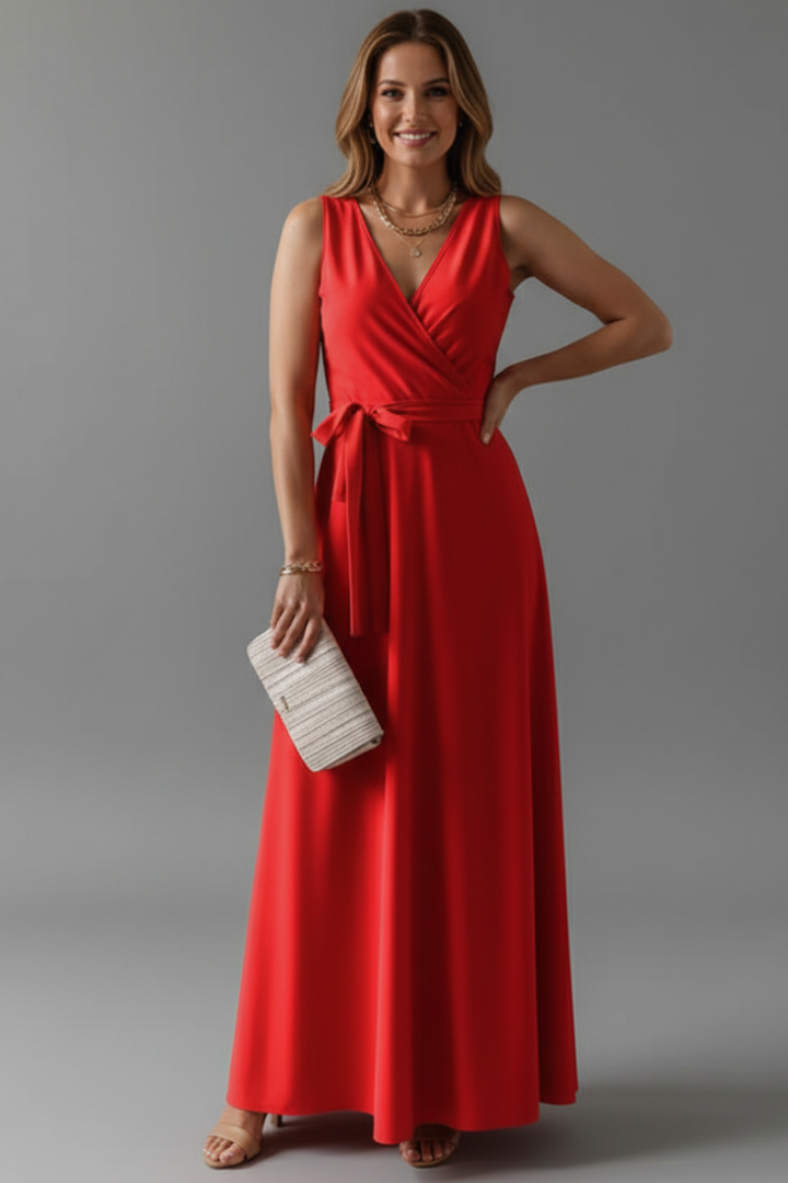 Sleeveless V-Neck Maxi Dress with Waist Tie