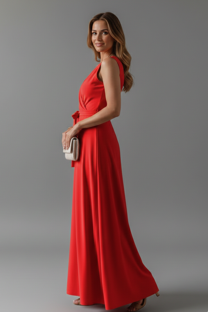 Sleeveless V-Neck Maxi Dress with Waist Tie
