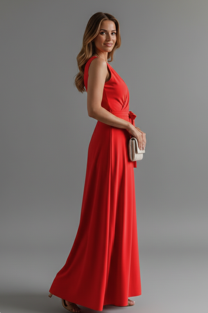 Sleeveless V-Neck Maxi Dress with Waist Tie