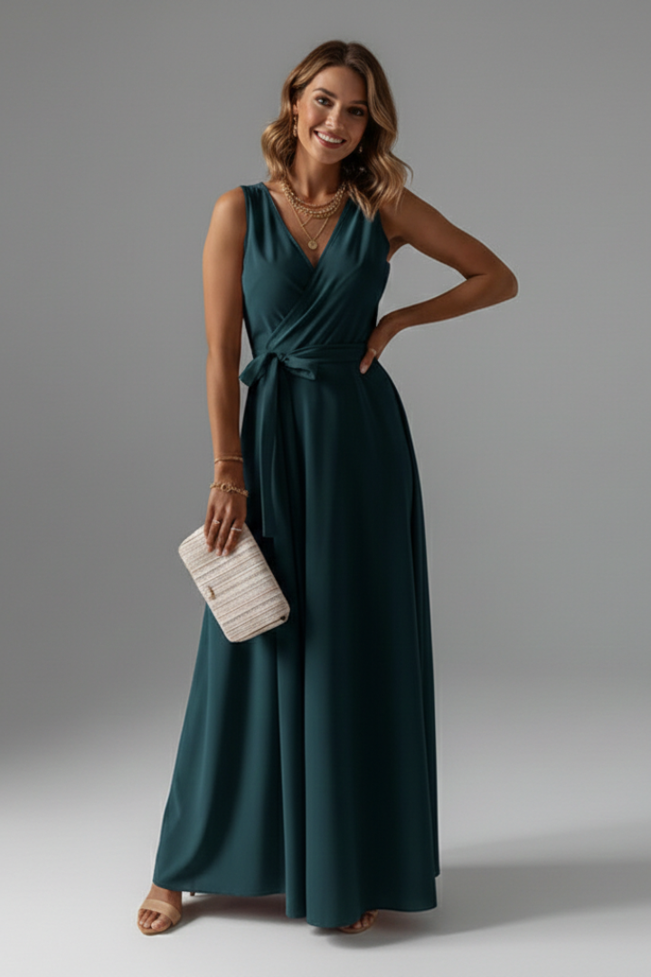 Sleeveless V-Neck Maxi Dress with Waist Tie