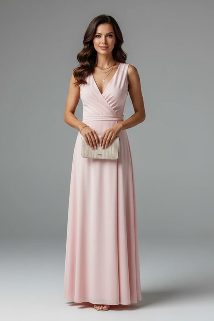 Sleeveless V-Neck Maxi Dress with Waist Tie