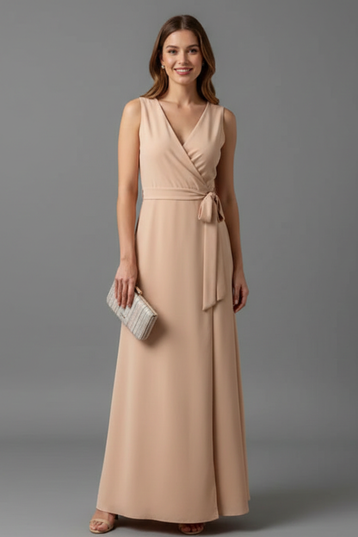 Sleeveless V-Neck Maxi Dress with Waist Tie