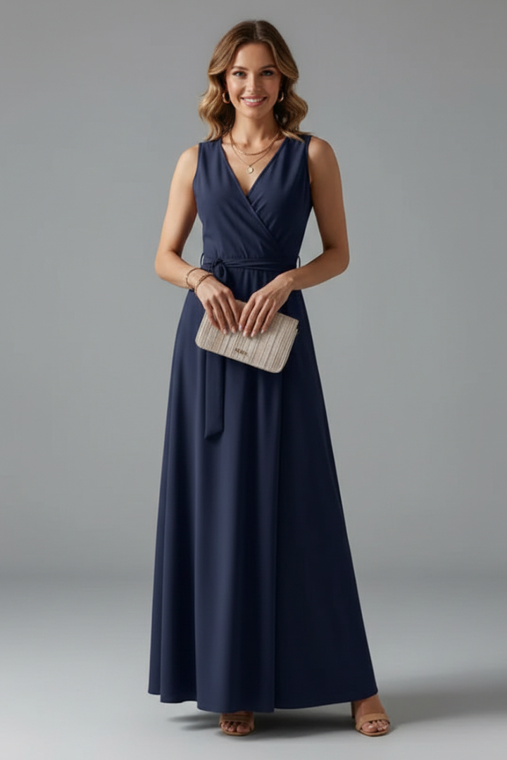 Sleeveless V-Neck Maxi Dress with Waist Tie