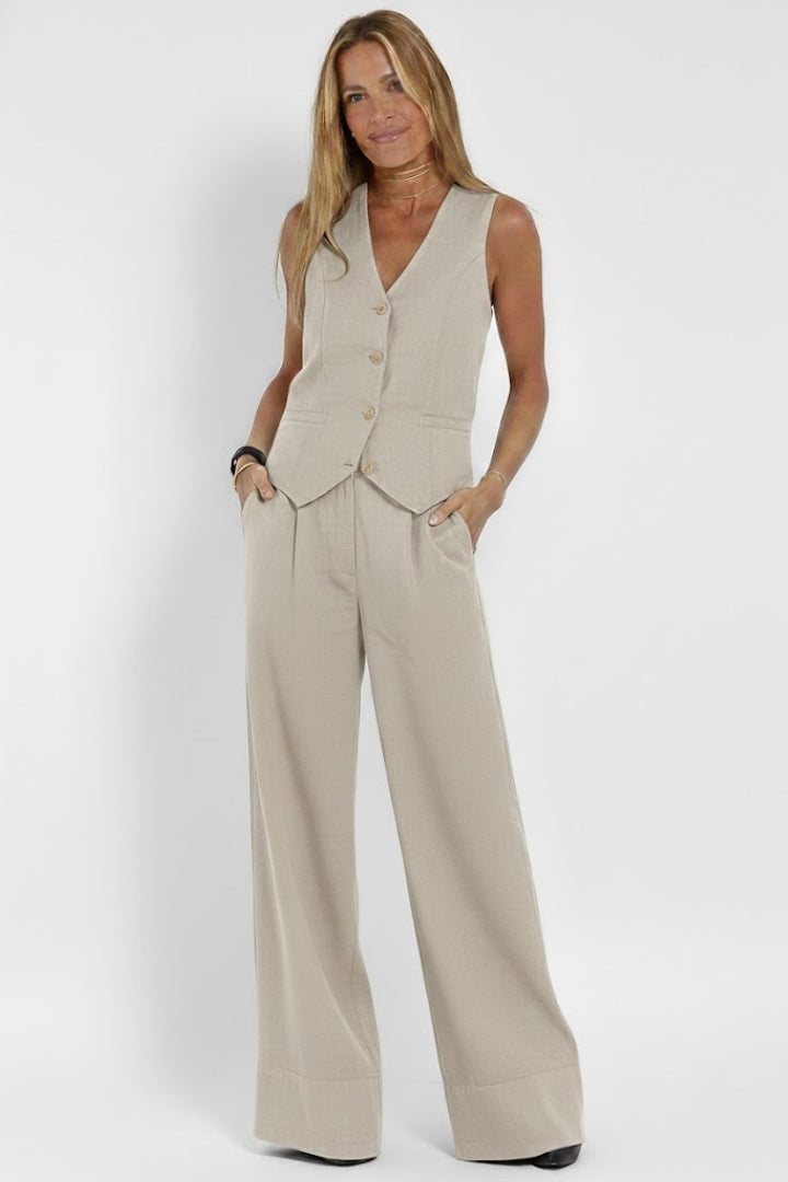 Women's Two-Piece V-Neck Waistcoat & Wide-Leg Trousers Set